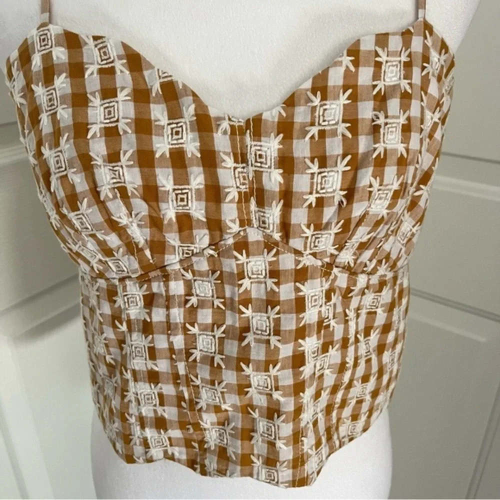 Anthropologie Maeve Scalloped Crop Top Sz 6 Neutral Motif Brown Spaghetti strap - Picture 5 of 13